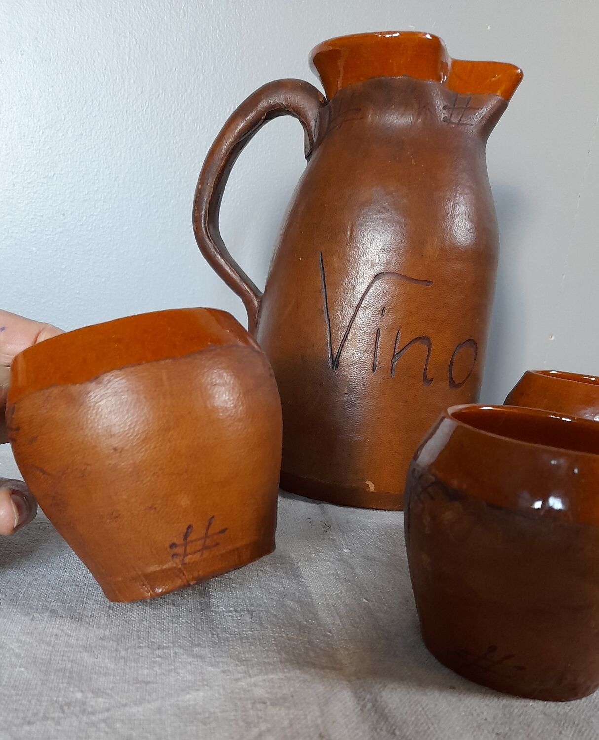 Pitcher & ceramic and leather glass set by Artesania Raymon, Spain 1950