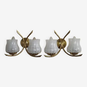 French Vintage Retro Gold Metal Double Wall Lights Patterned Glass Shades 4704