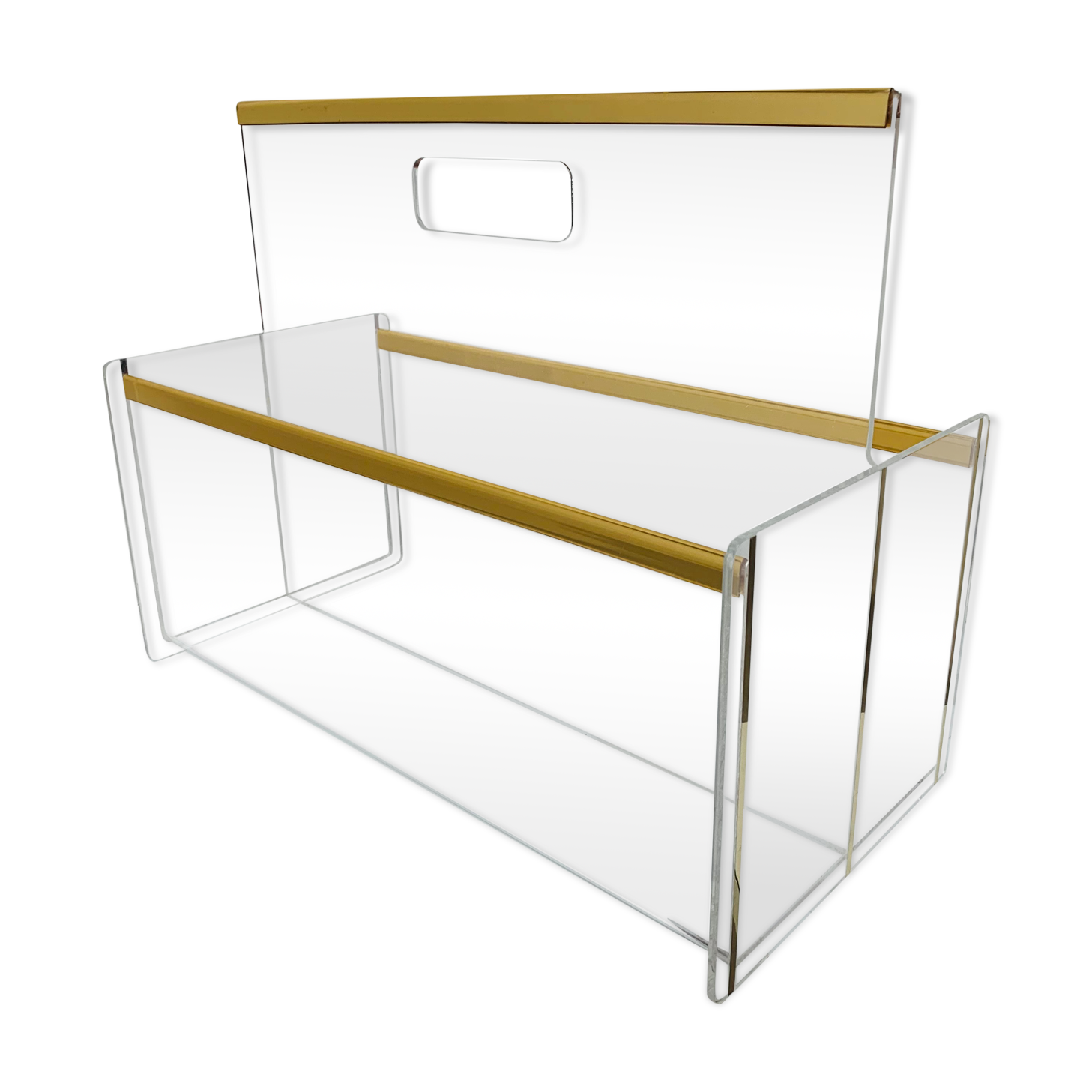 Plexiglas and brass magazine door 70s Hollywood Regency style