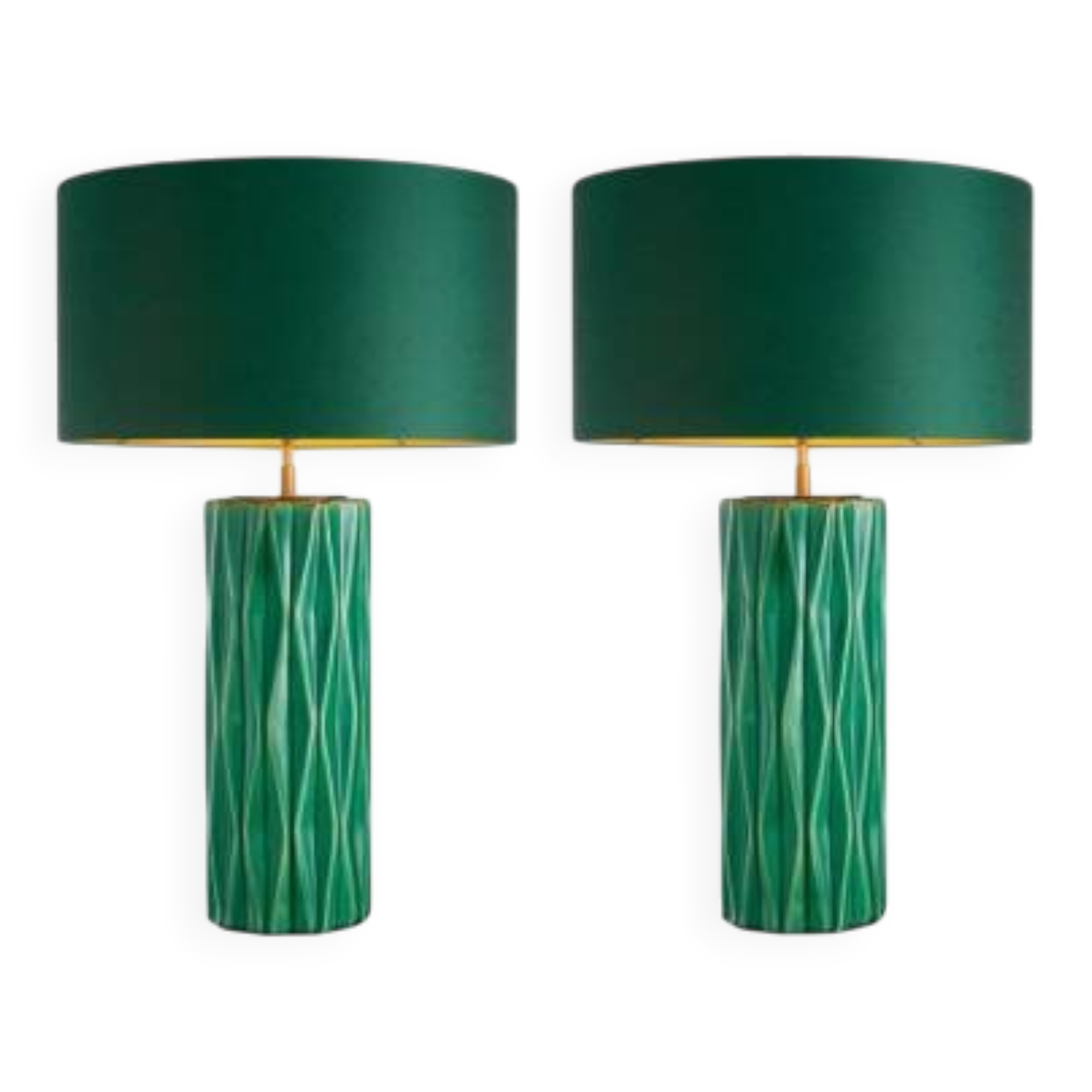 Pair of table lamps in crackled green ceramic and patinated brass finish.