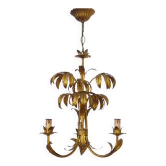 Vintage palm leaf chandelier with 3 lights in gold metal 1960s