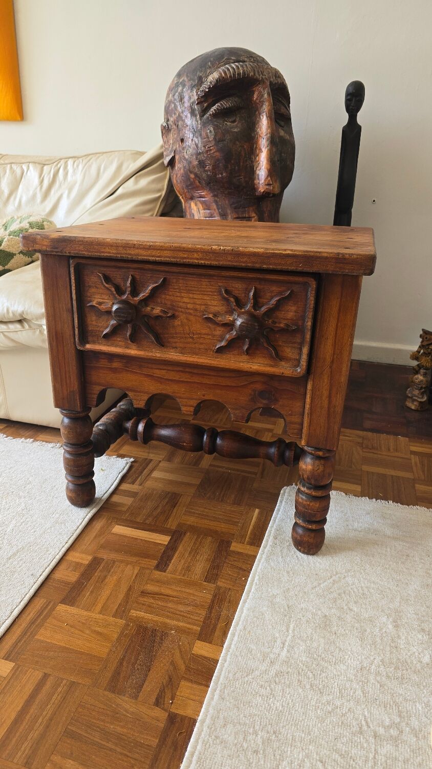 Folk Rustic Sun-Carved Nightstand sidetable cupboardsolid wood chunky