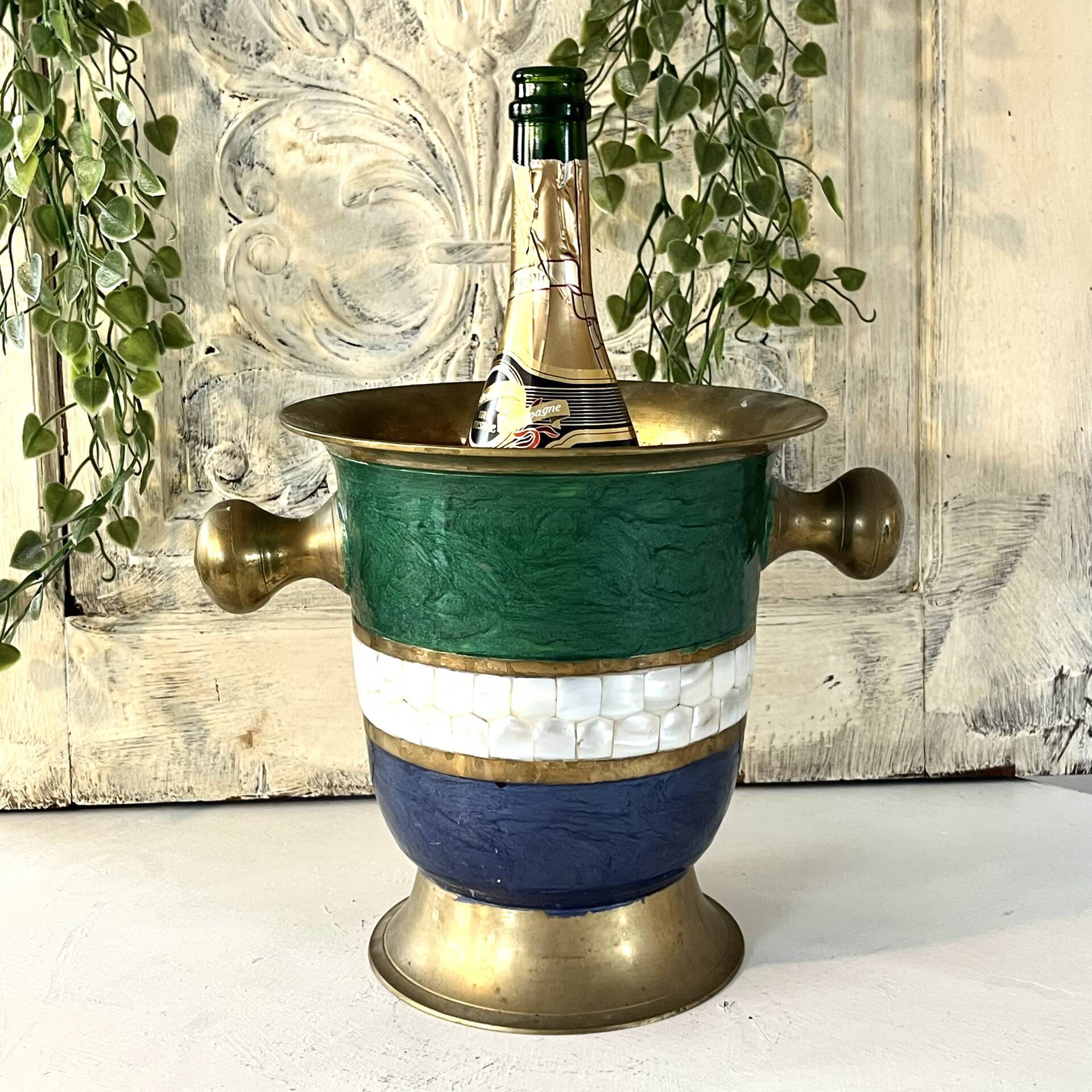 French Cloisonne cooler, Vintage Shell Inlay Barware Enamel Ice Bucket