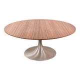 Large round coffee table with tulip leg in brushed aluminum and zebrano 1960.