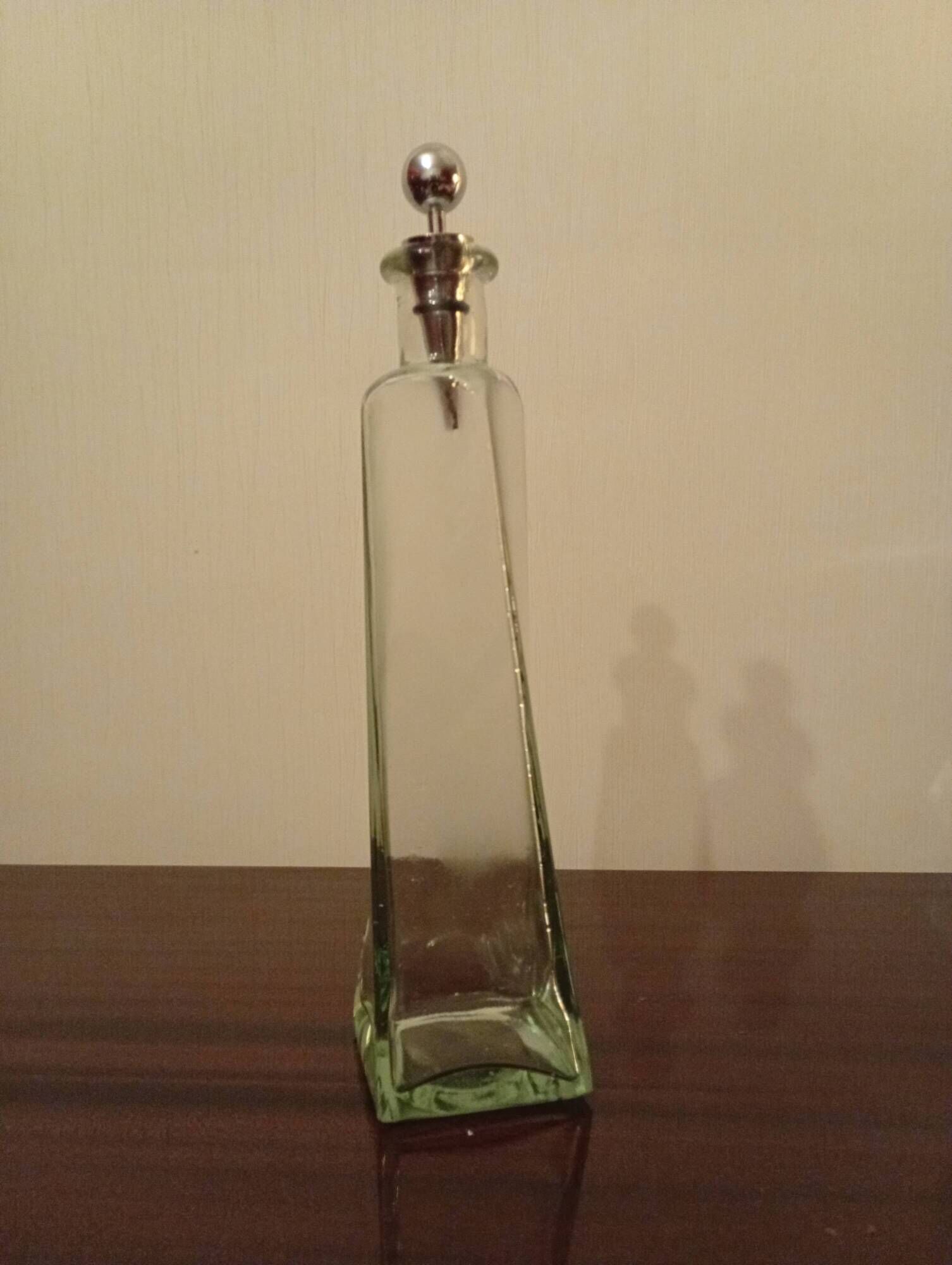 Green blown glass carafe/vase with chrome metal lid, vintage.