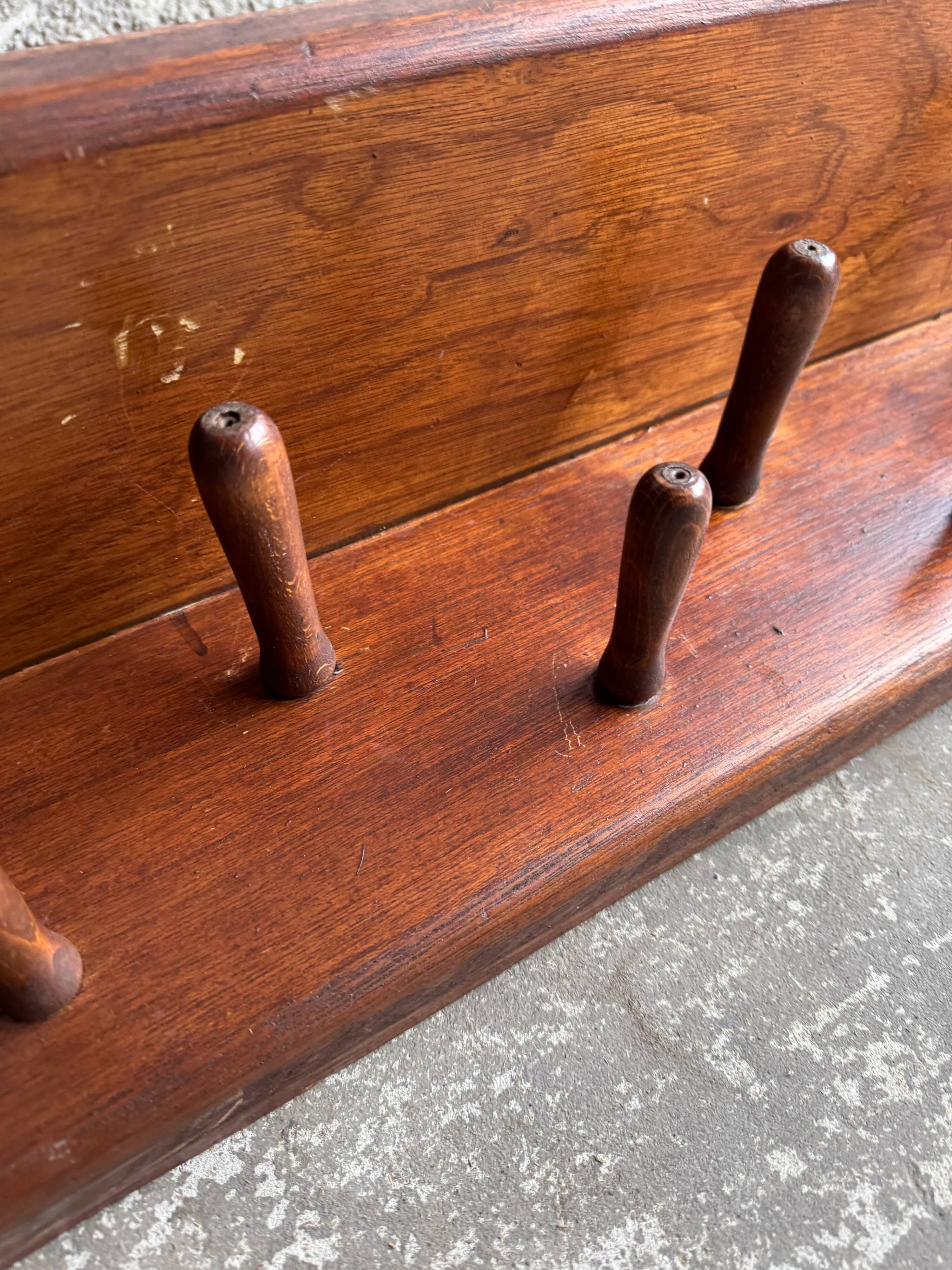 Extra-Long Solid Wood Wall Coat Rack, Walnut Brown, 20 Pegs — Mid-Century Vintage