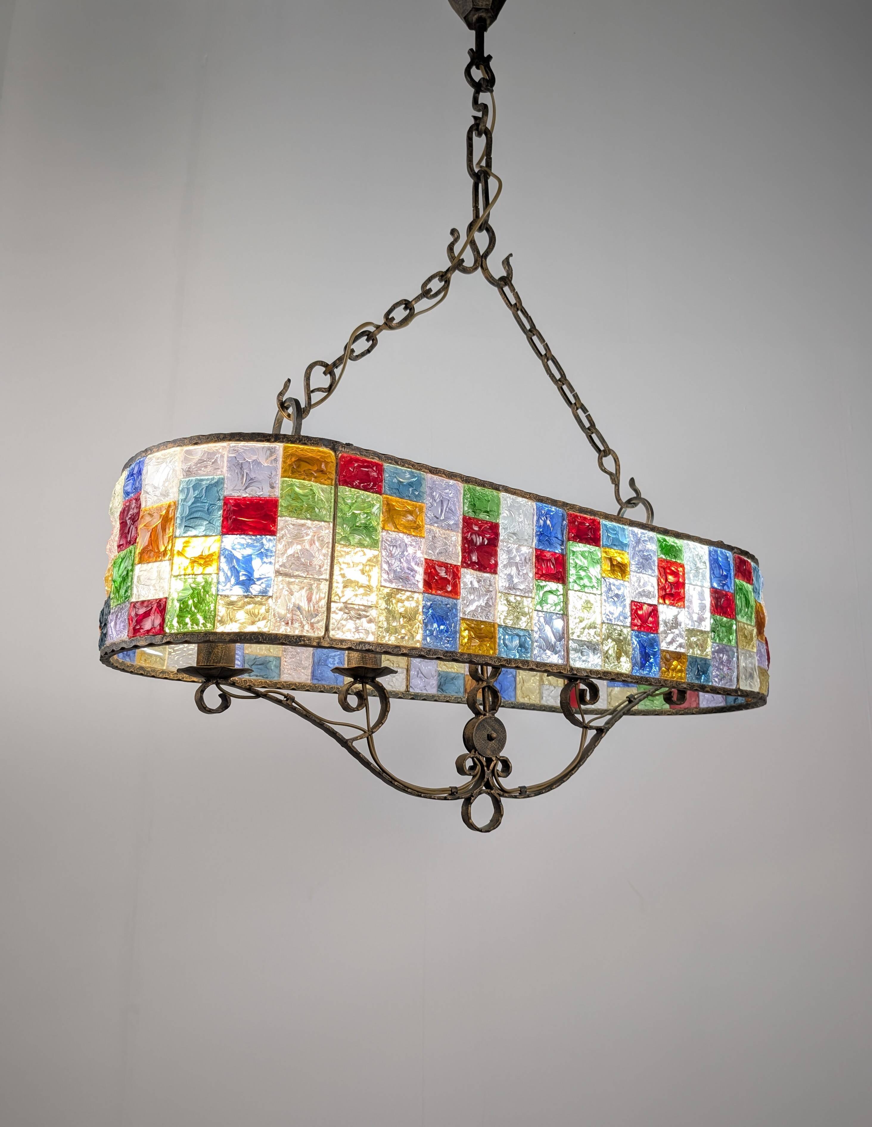 Large Italian Multi-Colored Hammered Crystal and Wrought Iron Chandelier