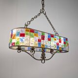 Large Italian Multi-Colored Hammered Crystal and Wrought Iron Chandelier