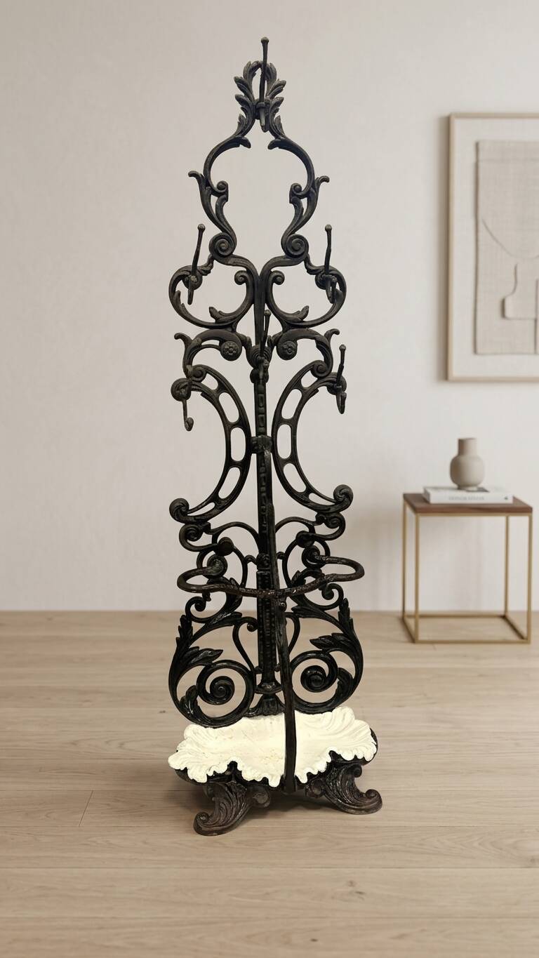 Antique cast iron hall stand, Victorian coat rack with marble base, ornate hall tree, 19th century