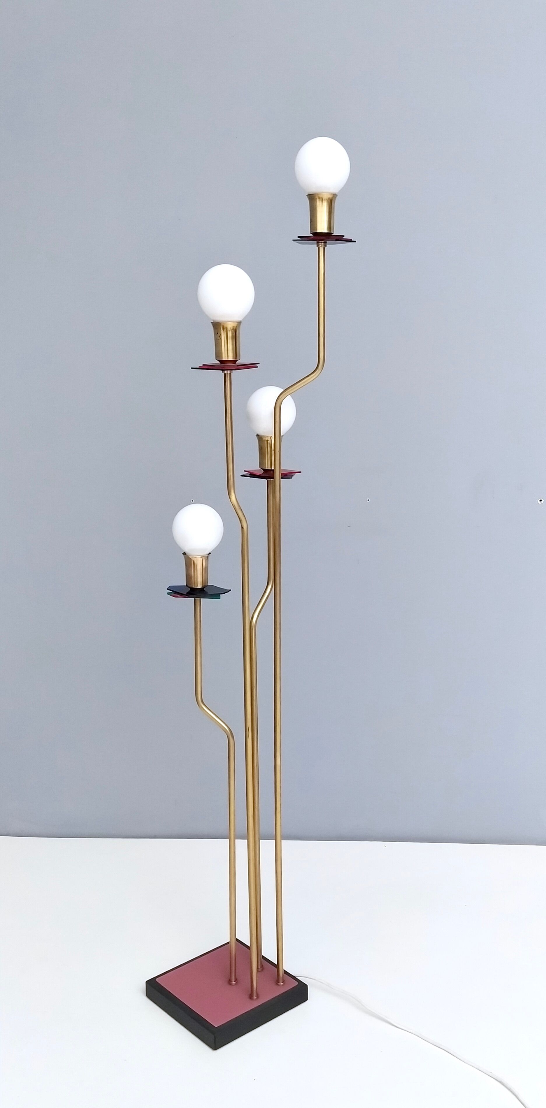 Brass, varnished metal and plexiglas floor lamp "alberelli" by c. la gaipa, 2020