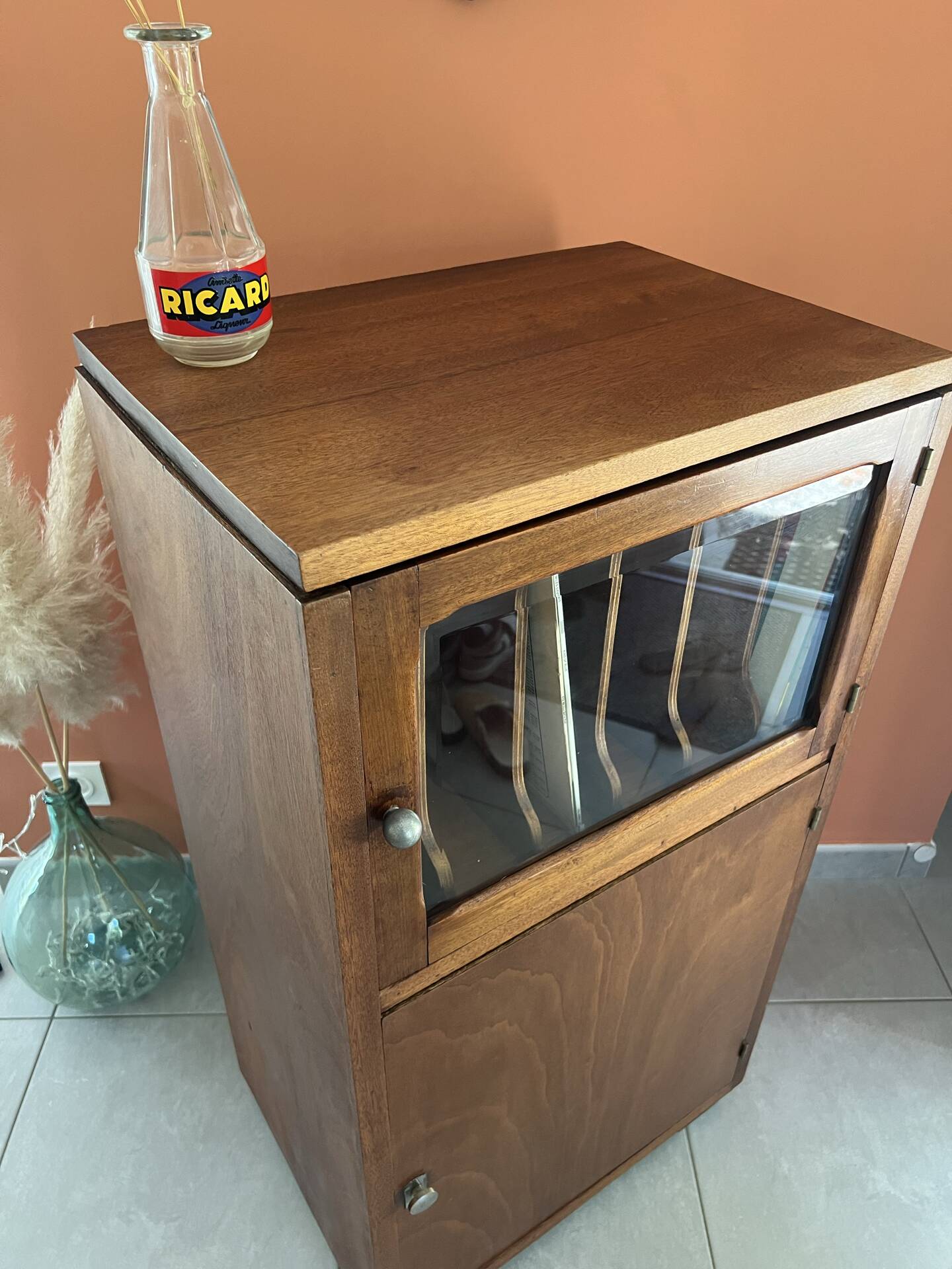 Vintage wooden furniture, vinyl storage, bookshelf, desk.