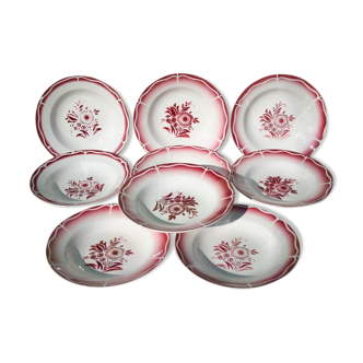 Set de 8 assiettes creuses Sarreguemines Digoin fleurs rouges