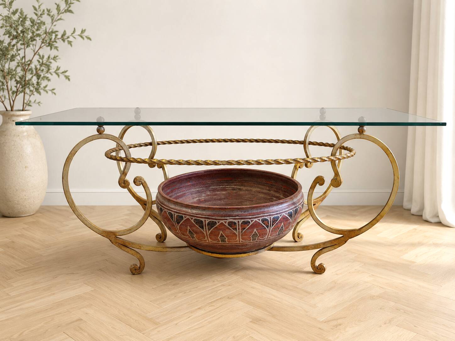 Large sculptural Liberty coffee table in gilded wrought iron and ceramic, JR P
