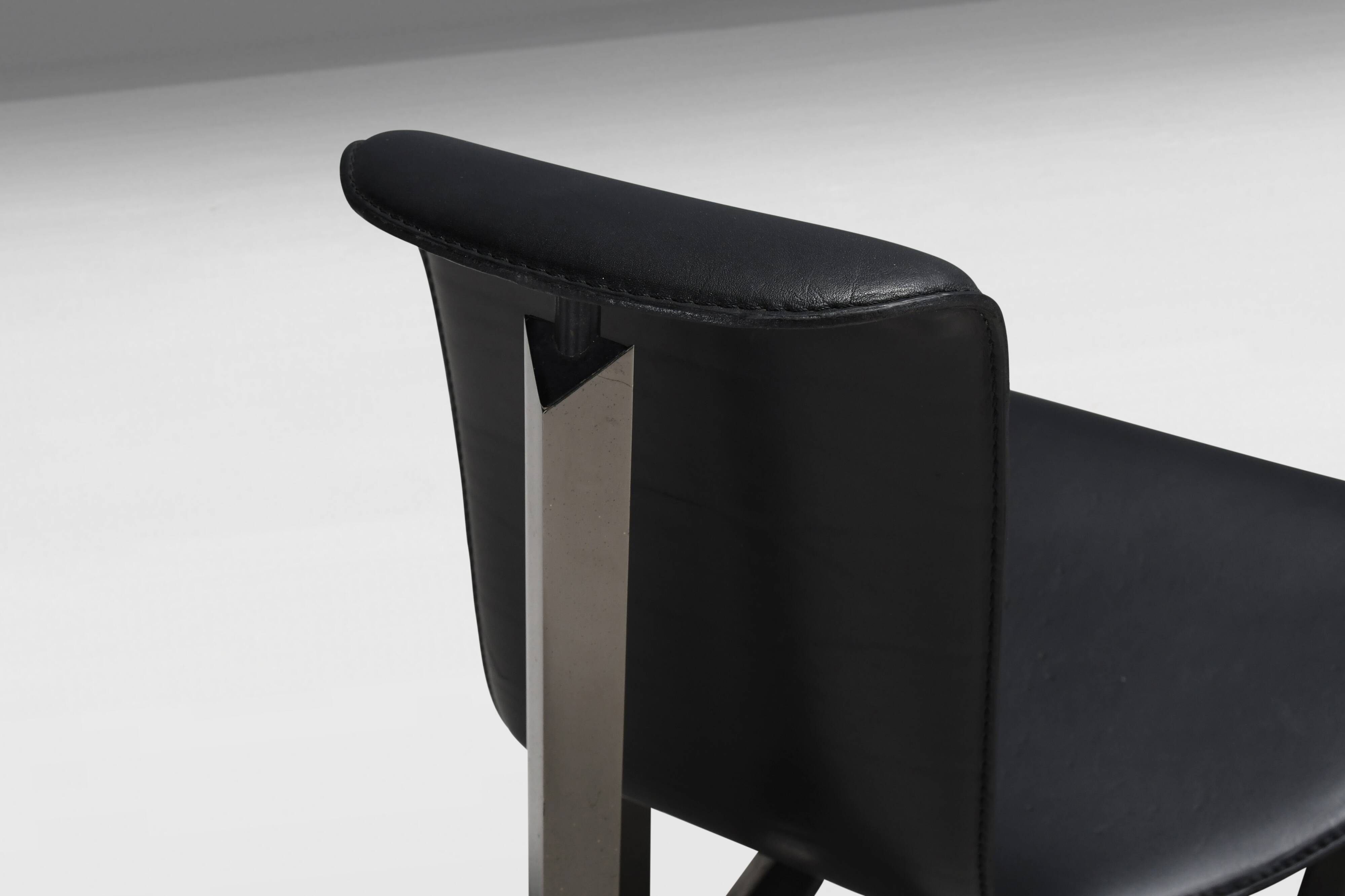 Leather Three-Legged Chairs with Chrome Finishes, Italy, 1970s