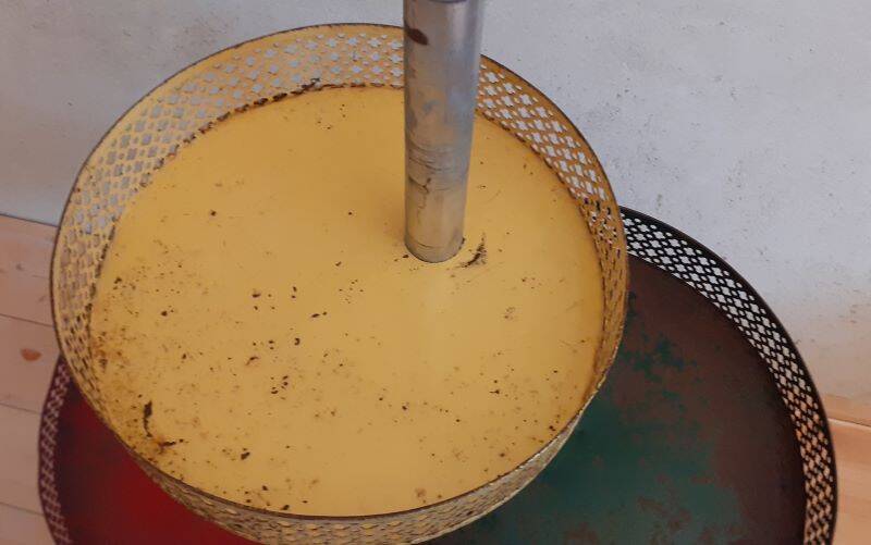 Grocery store display 1950 1960 Paris France perforated sheet metal rigitulle