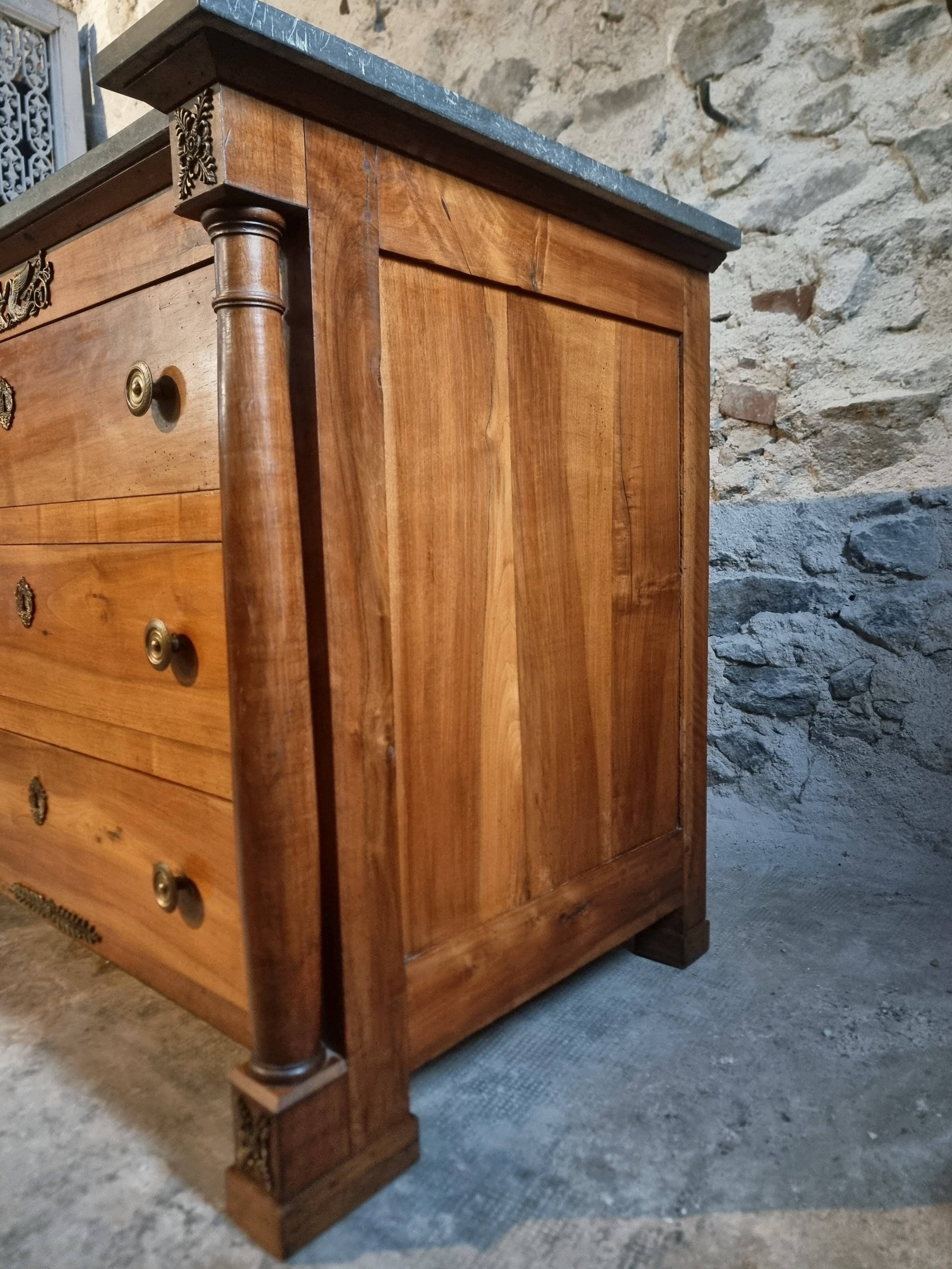 Antique commode, walnut and oak, marble top, 3 drawers, France circa 1820–1850.