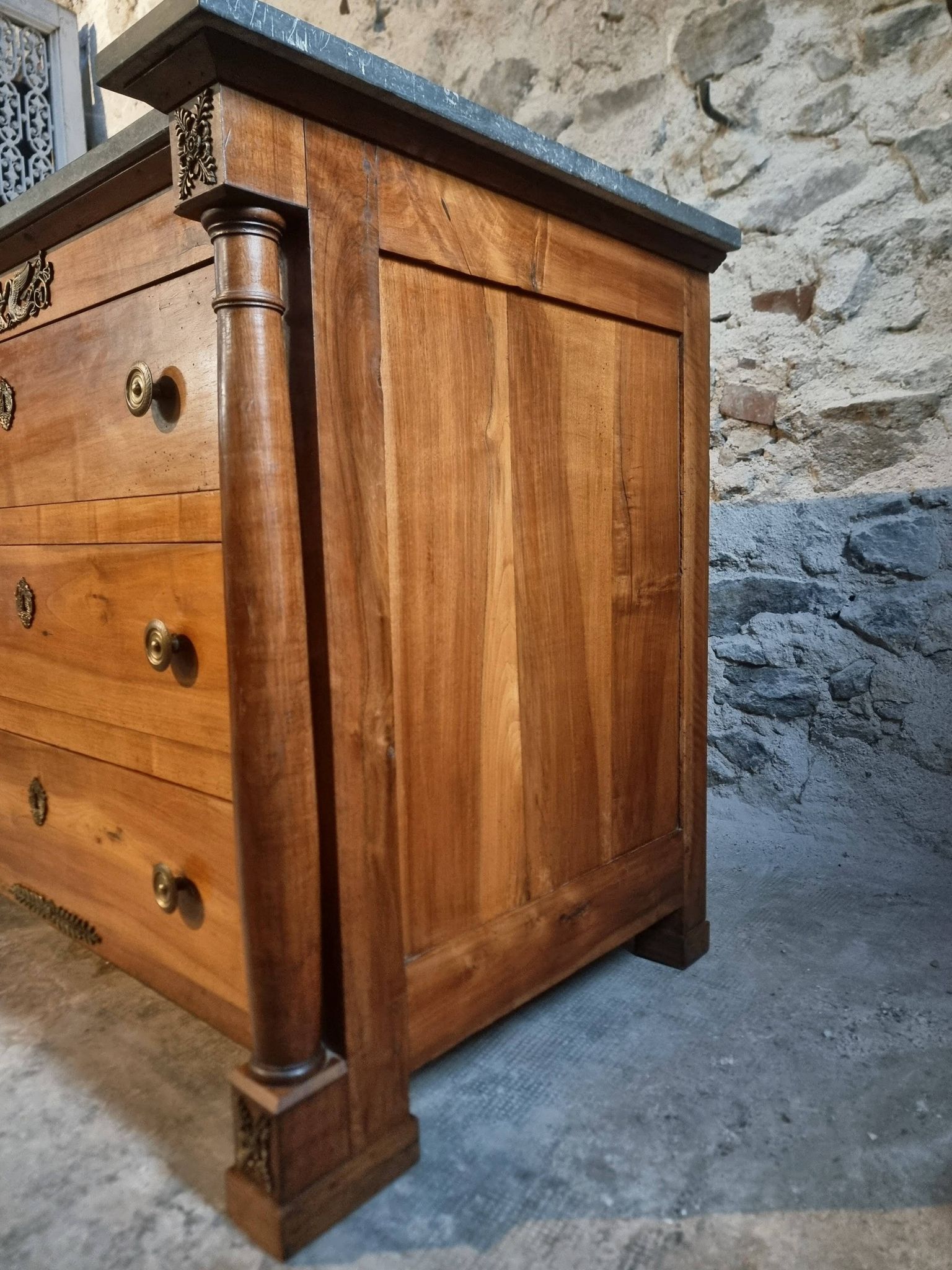 Antique commode, walnut and oak, marble top, 3 drawers, France circa 1820–1850.