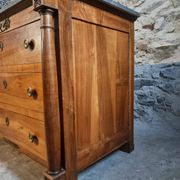 Antique commode, walnut and oak, marble top, 3 drawers, France circa 1820–1850.