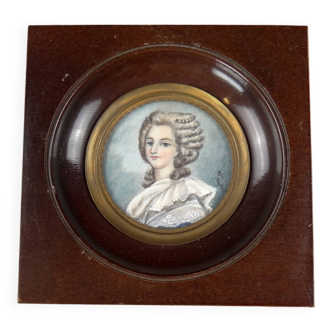 Framed 19th-century miniature gouache portrait of an aristocratic woman