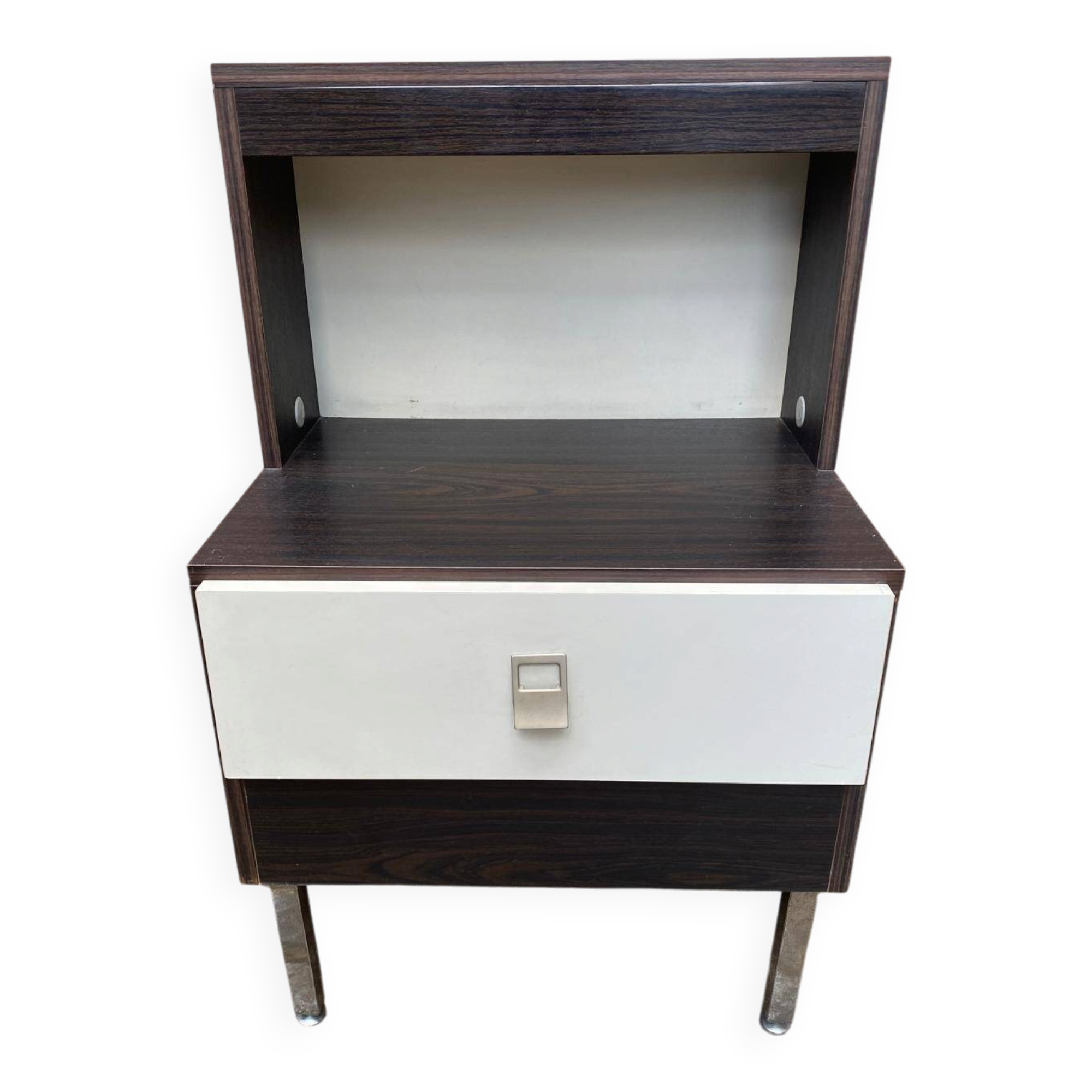 Vintage 70s bedside table with integrated lighting & chrome legs Space Age 1