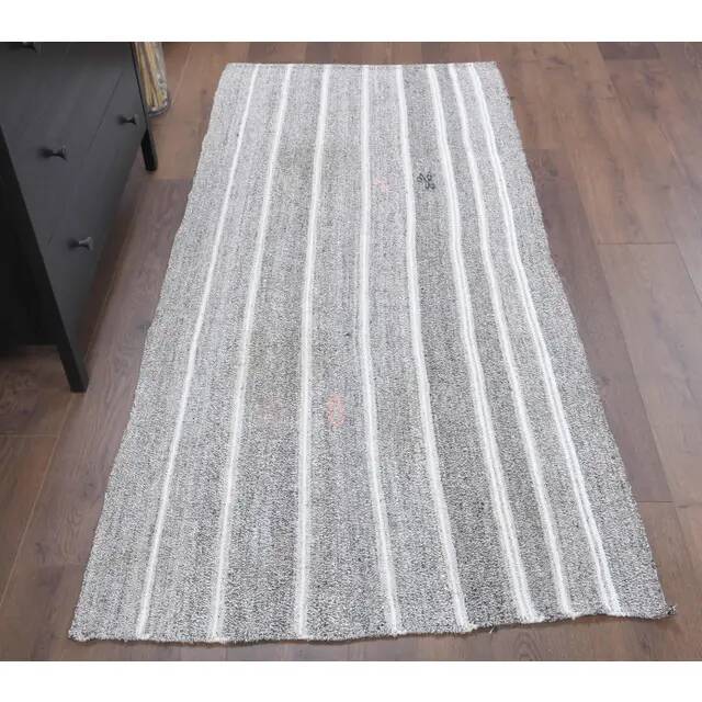 Vintage Turkish Hand-Knotted Wool Cotton Gray Kilim Runner Rug 95x196