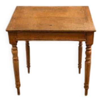 Vintage wooden writing desk with drawer, turned legs, classic style.
