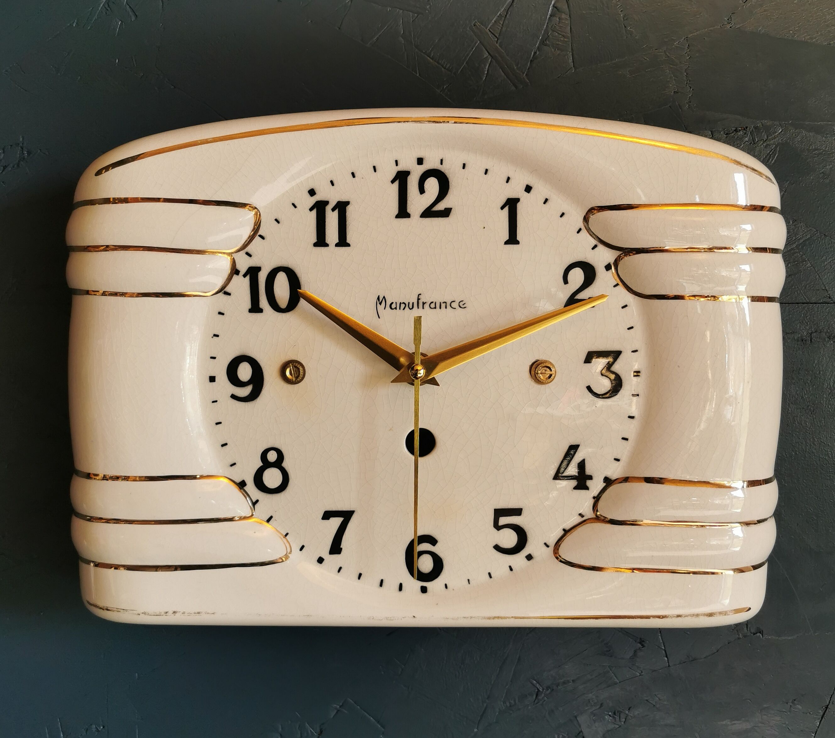 Vintage ceramic clock silent rectangular wall clock "Manufrance golden white"