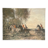 Tableau sans cadre Huile sur toile "chasse à courre"Vénerie, signature à identifier