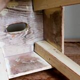 Workshop stool in antique patinated solid wood