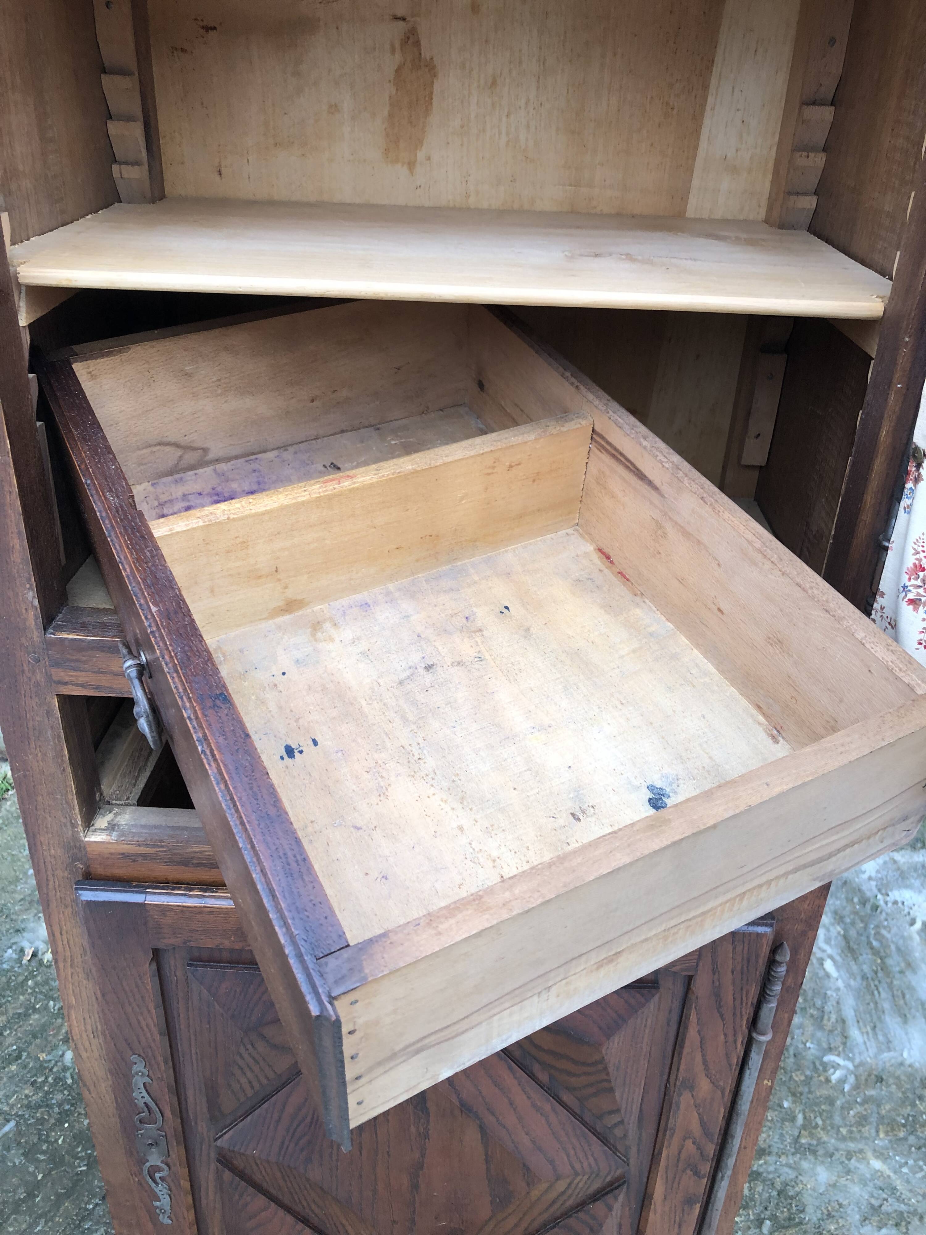 Solid oak wardrobe with 2 doors and 1 drawer in neo Louis XIII style.