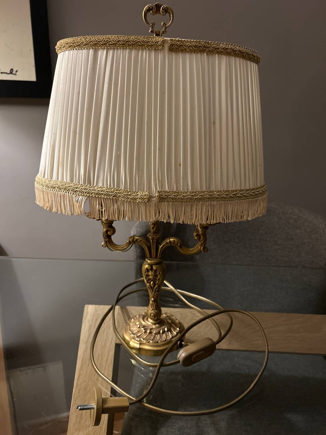 1960s Louis XV/rockery style bronze lamp with original pleated lampshade