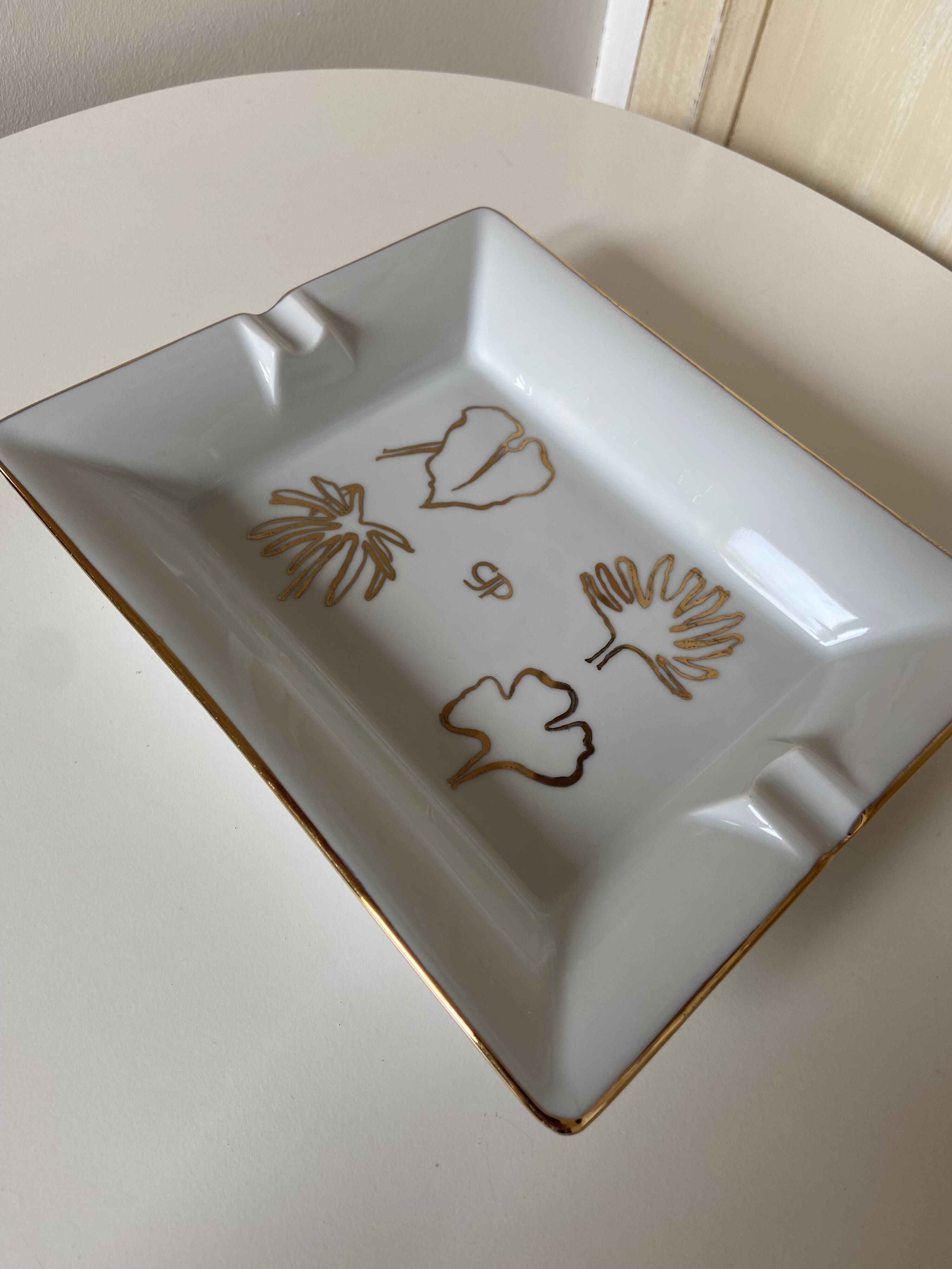 Old rectangular Limoges Porcelain Ashtray: Leaf designs signed GP