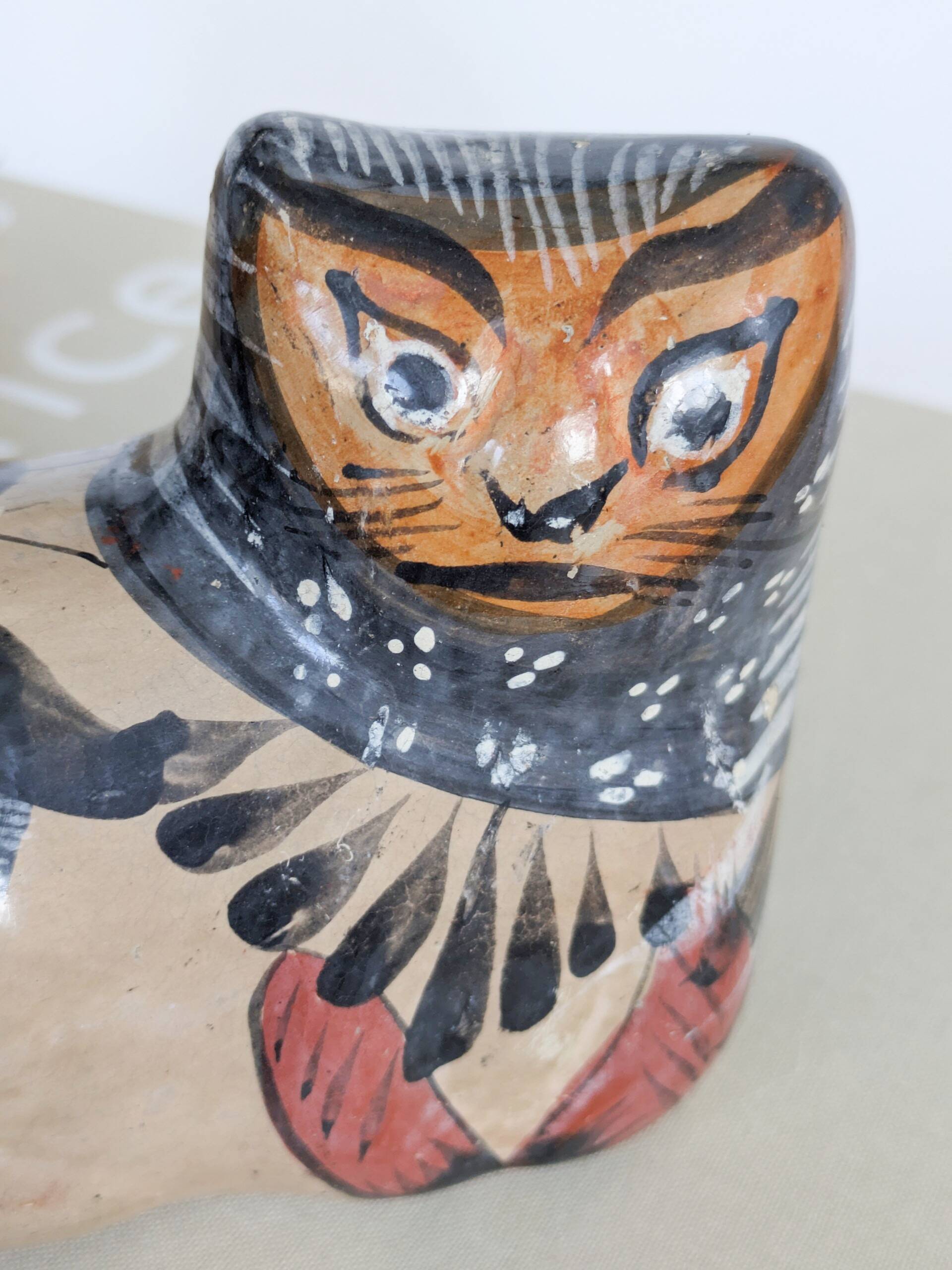 Cat figurine in Tonalá pottery, Mexico, handmade folk art.
