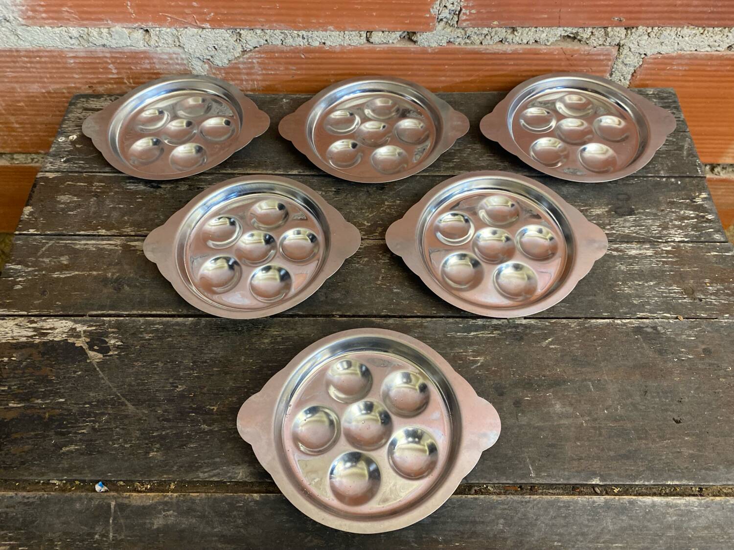 Set of 6 Stainless Steel Escargot Plates with 6 Compartments Made in Japan Used
