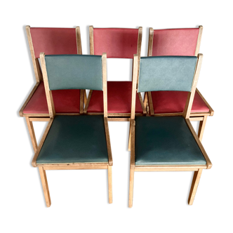 Set of 5 chairs in wood and faux leather