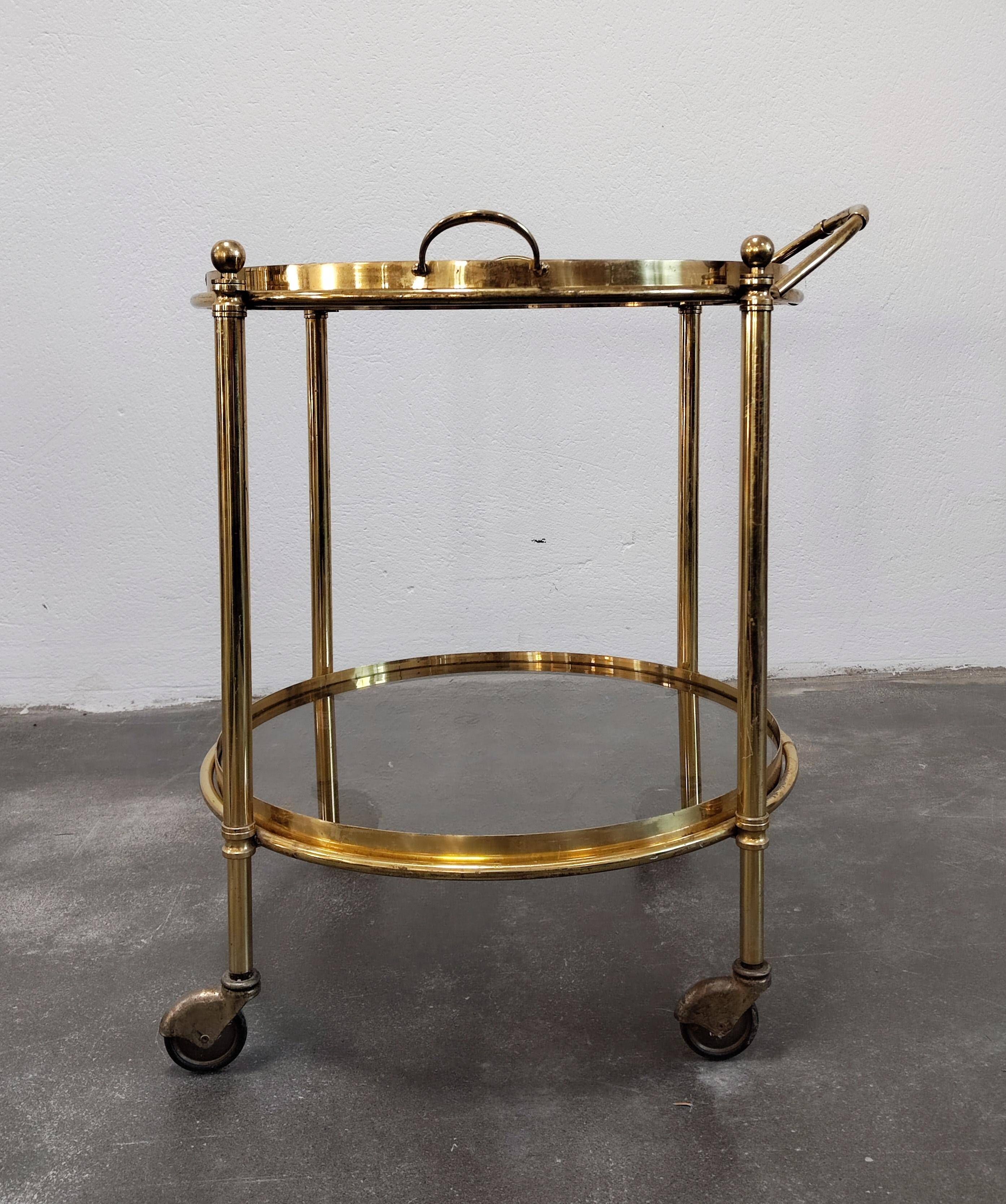 Hollywood Regency bar cart in bronze and smoked glass, 1950s