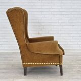 1970s, Danish high back armchair, furniture velour, oak wood legs.