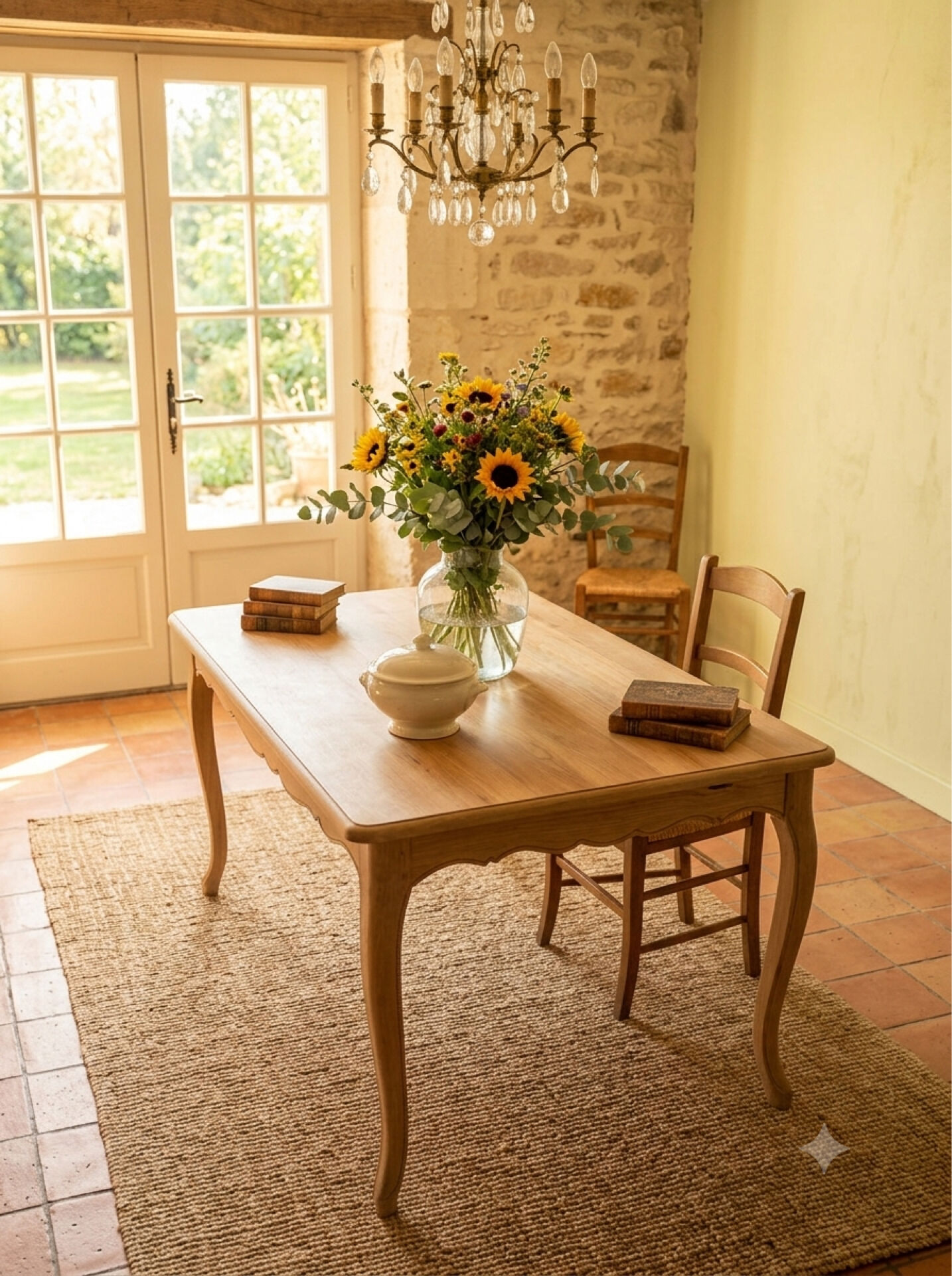 Table à manger de ferme chic extensible décapée en merisier massif Louis XV