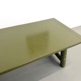 Glossy olive green lacquered dining table — DLG Georges Robert, Circa 1970