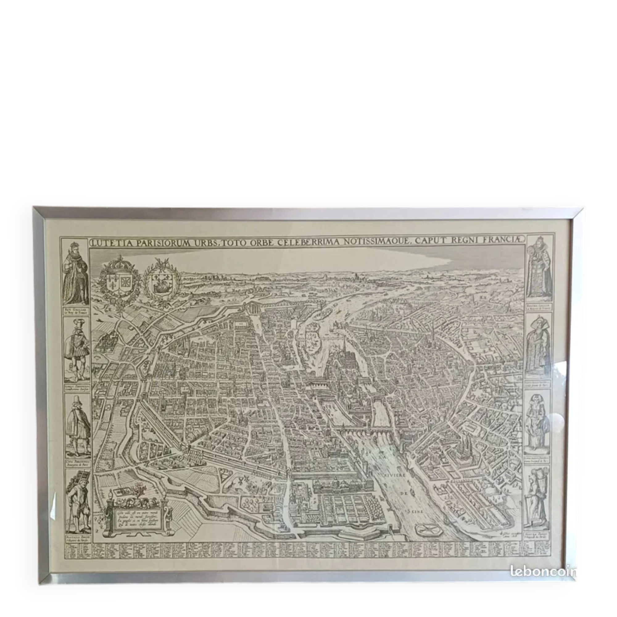 Affiche ancien plan de Paris - cadre inox
