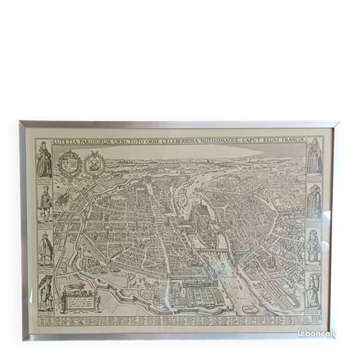 Affiche ancien plan de Paris - cadre inox