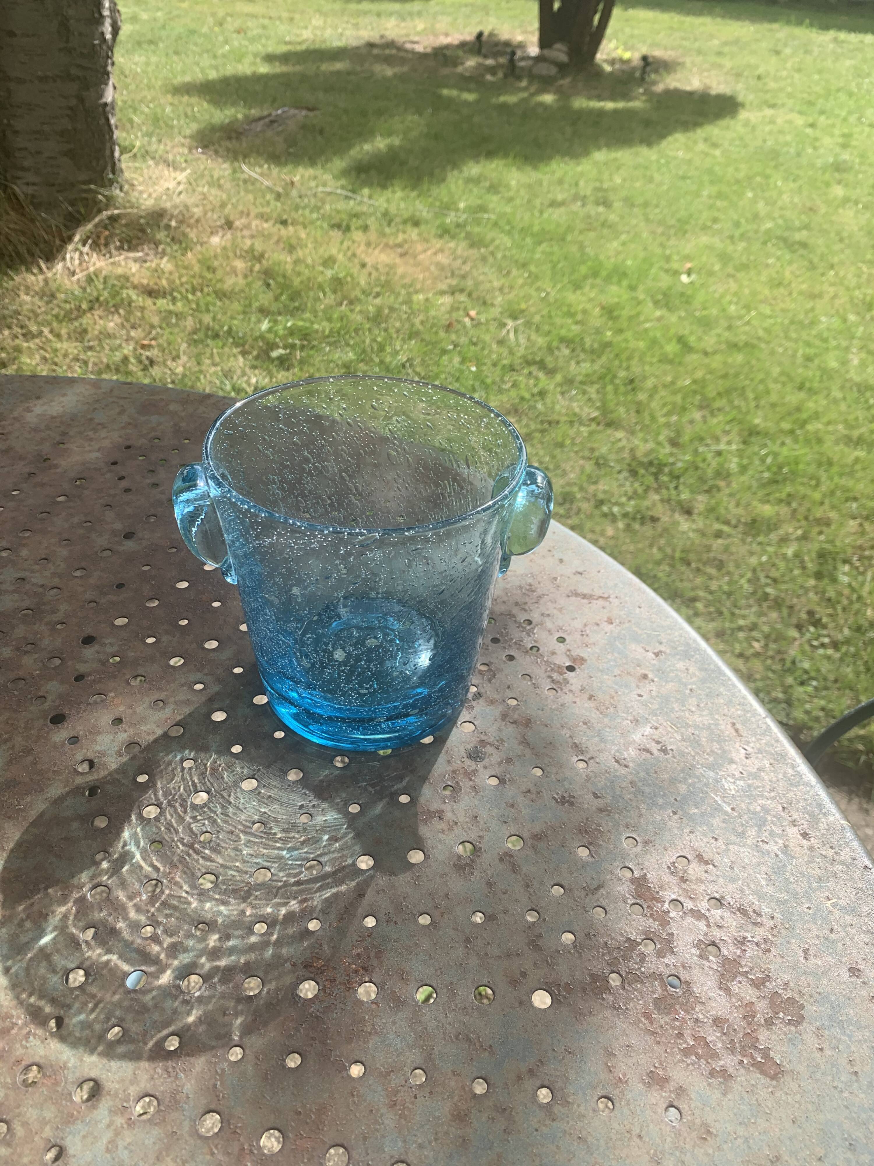 Vintage Biot Blue Blown Glass Ice Bucket