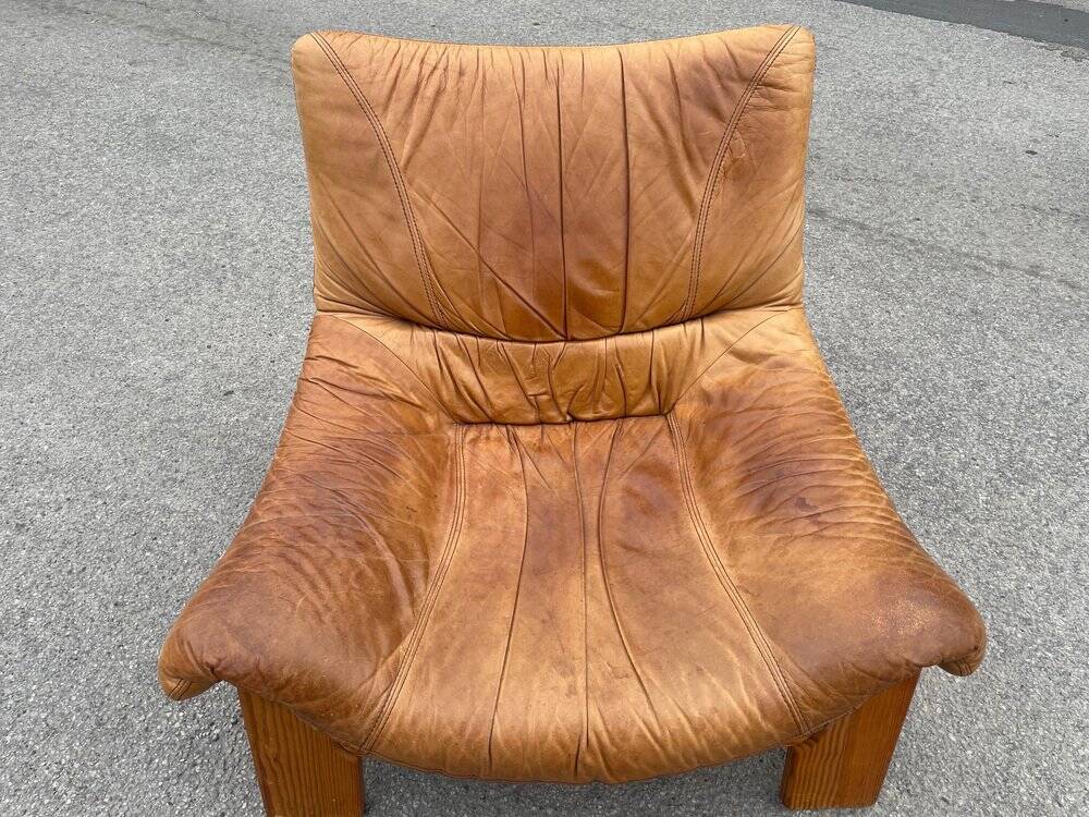 Vintage leather and pine lounge chair by Maison Regain, 1970s