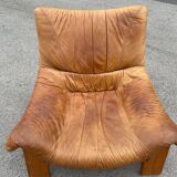 Vintage leather and pine lounge chair by Maison Regain, 1970s