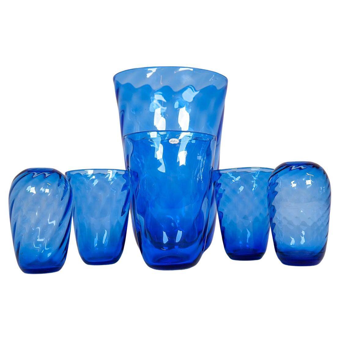 Art Deco Set of 6 Sculpted Glass Vases Handmade Reijmyre, Sweden, 1930s
