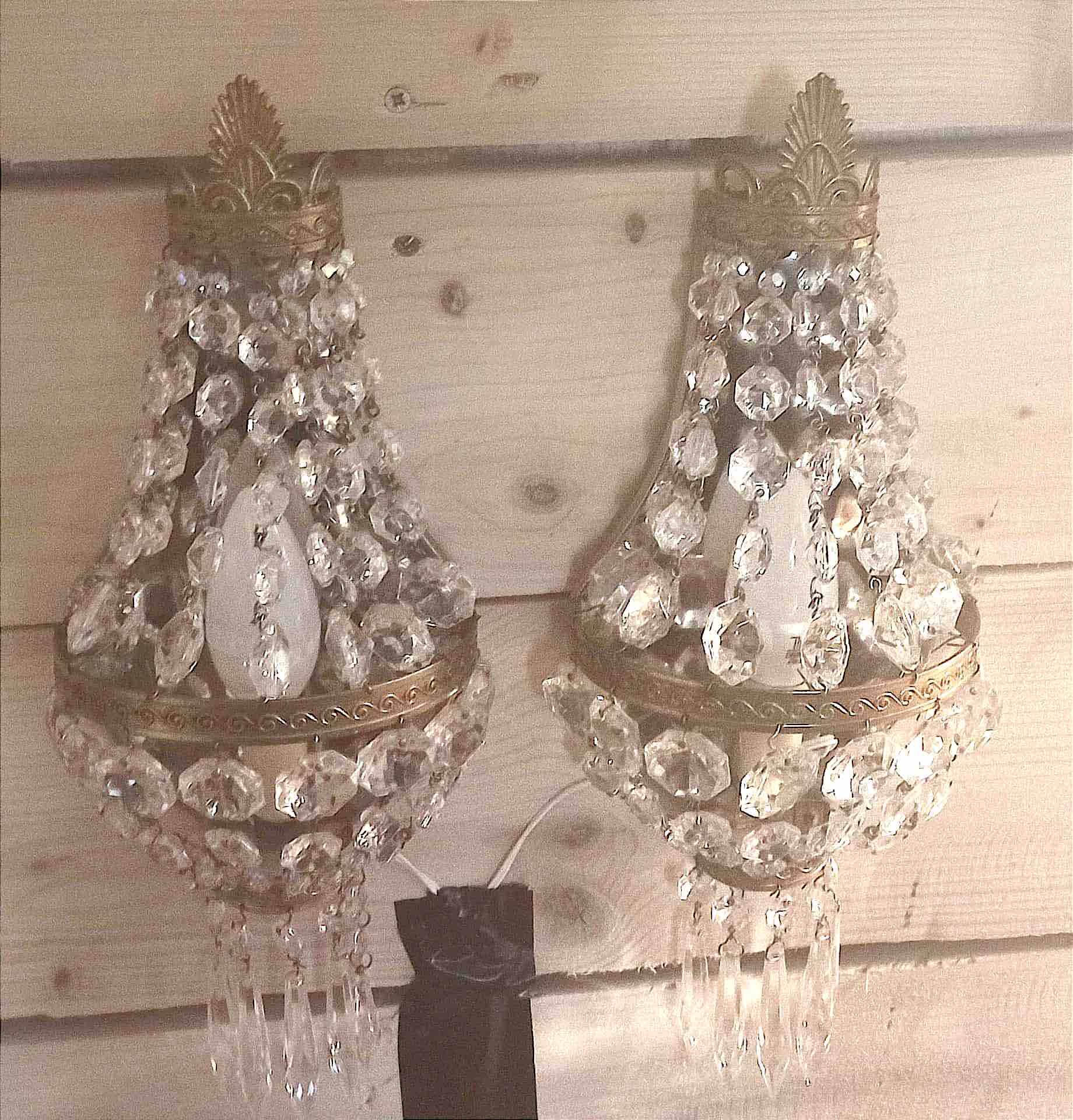Pair of wall lights with crystal and brass tassels Height 36 cm