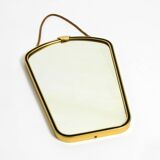 Beautiful small mid-century brass wall mirror with braided hanging strap