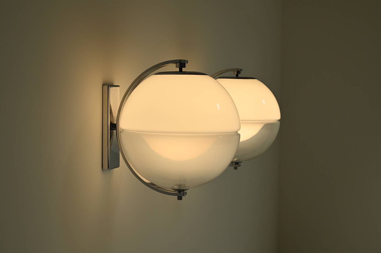 Set of 2 rare large globe wall lamps, 1960s Italy.