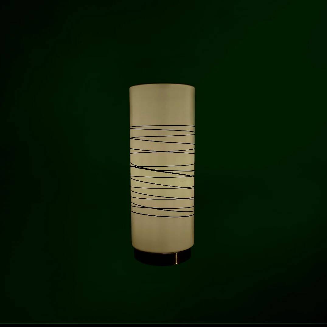 Vintage solid cylindrical lamp in white opal glass and brushed metal – postmodern design