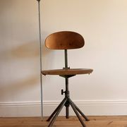 Set of 6 antique industrial workshop chairs in wood and metal.